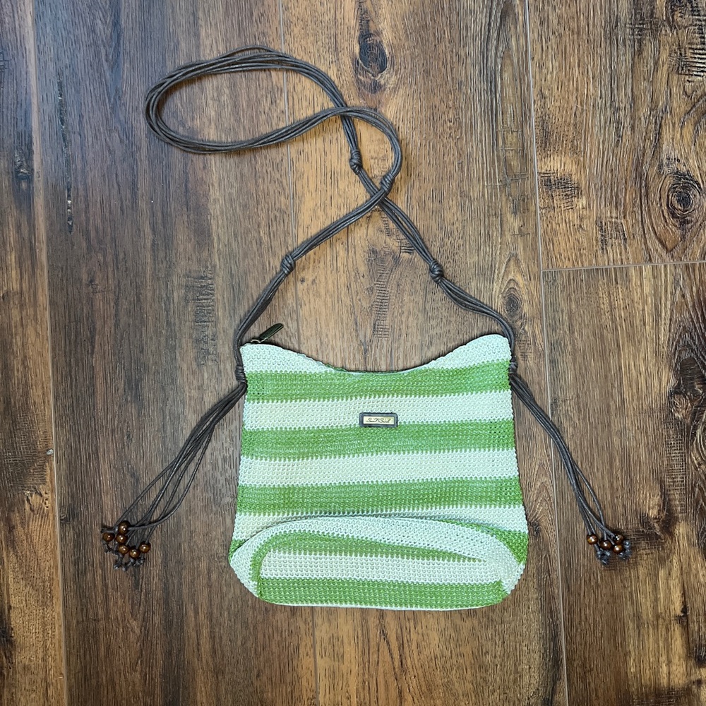 Sun N Sand Green Cream Colored Mesh Straw Weave Boho Crossbody Handbag